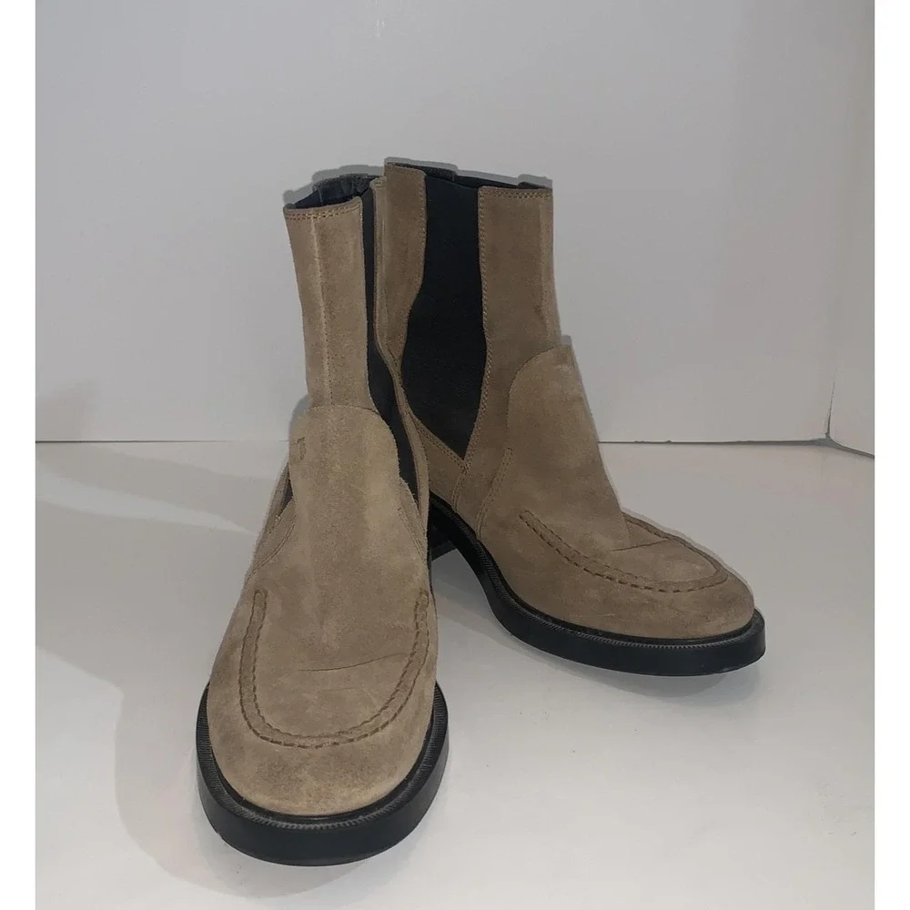Tod's Boots Womens EU 36 Beige Suede Chelsea Ankle Block Heel Pull On Booties
